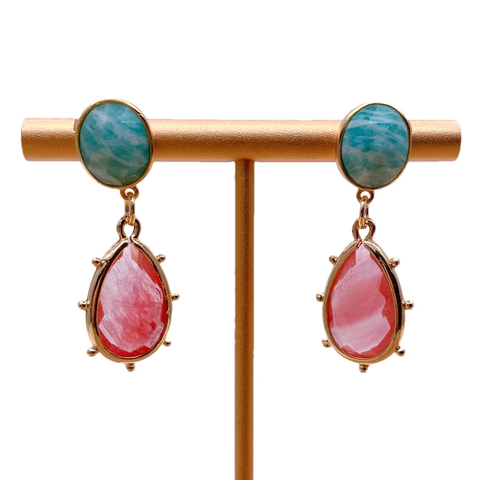 Teardrop Red Quartz Green Amazonite Dangle Earrings Natural Stone Jewelery - Image 3 of 4