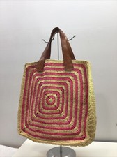 Mar Y Sol Crochet Raffia Bag Natural Straw Pink Square Purse Beach Tote Summer