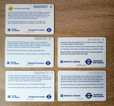 Lot of FiVE DIFFERENT London TFL Blue Oyster Cards - Issued between 2010-2024