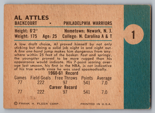 1961-62 FLEER #1 AL ATTLES WARRIORS ROOKIE - Picture 2 of 3