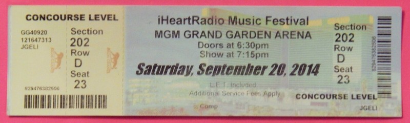 IHEART RADIO MUSIC FESTIVAL ORIG CONCERT USED TICKET, MGM GRAND VEGAS 9/20/2014