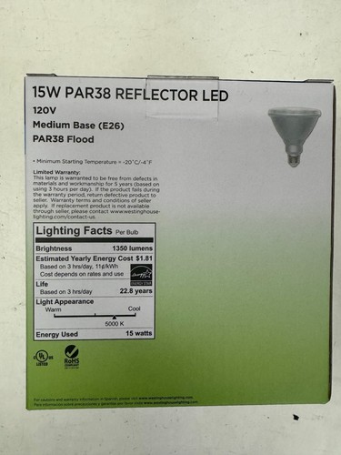 12 Pieces Westinghouse 50071 15PAR38/LED/DIM/IndOutFL/50 Dimmable Wet Rated 50K - Picture 6 of 6