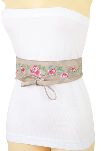 Women Beige Faux Leather Kimono Asian Dress Up Flashy Belt Red Rose Flowers S M - Picture 9 of 12