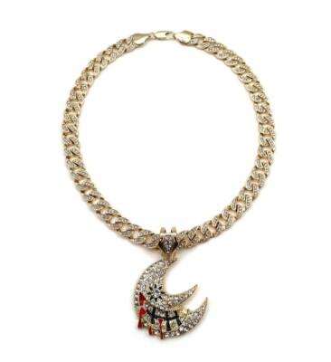 Iced Soul Eater Moon Pendant Cuban Link Chain 18'' to 30'' inches 14k Gold Plated