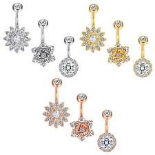 3Pcs 14G Stainless Steel CZ Flower Belly Button Rings Navel Barbell Piercing Set