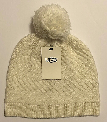 NWT WOMEN'S UGG AUSTRALIA CHEVRON KNIT POM POM BEANIE HAT OS IVORY