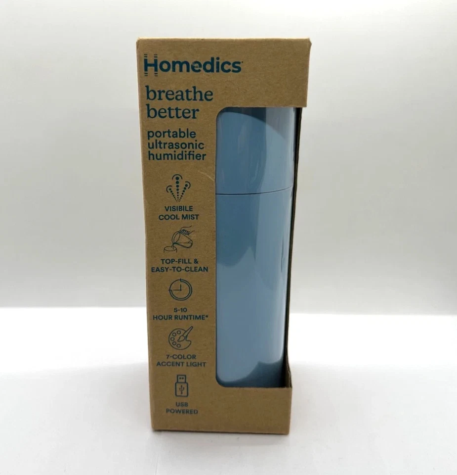 HoMedics Breathe Better Portable Ultrasonic Humidifier air BLUE USB charge mist - Image 2 of 4