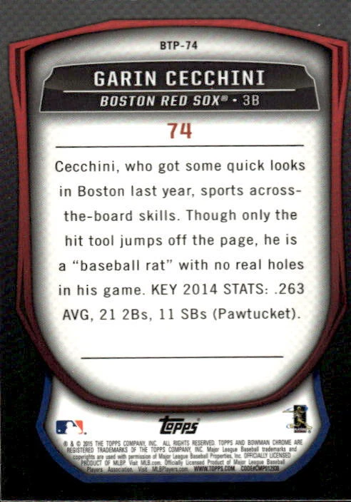 Garin Cecchini 2015  Bowman Chrome #BTP-74 Bowman Scouts Top 100  Boston - Image 2 of 2