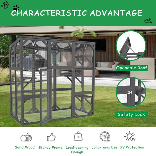 60'' Luxury Large Catio Enclosure Outdoor Wooden Cat House w/Multi Platforms - Picture 7 of 7