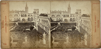 Carte Stéréo Vintage Des Jardins De L'Alcazar à Séville (Espagne) - Tirage Albuminé Circa 1870