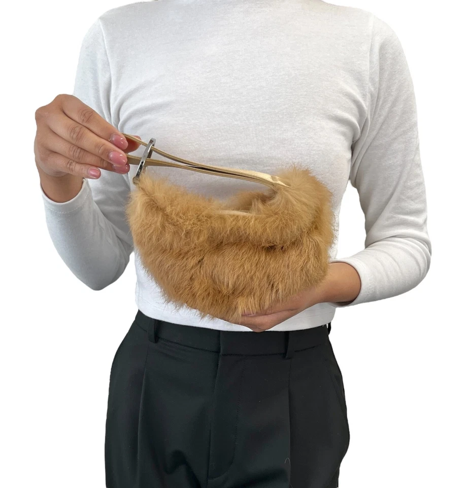 GUCCI Vintage Logo Fur Mini Bag Pochette Handbag Zip Camel Silver Silk - Image 4 of 4