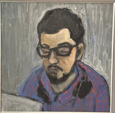 Portrait Man  In the studio  Mixed Media Painting / Paper Myst. Artist Framed