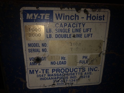 MY-TE 100A Winch/Hoist 115AC, 1000/2000 Capacity. Needs Replacement Switch. Read - Picture 5 of 12