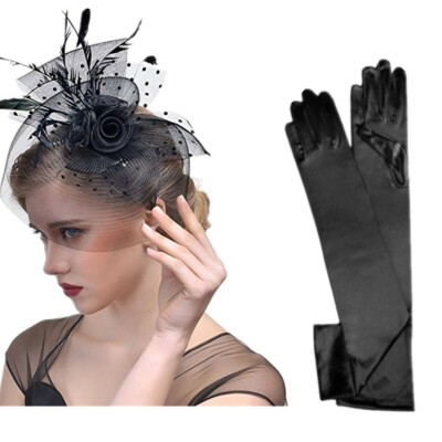 Vintage Fascinator Hat with Long Satin Gloves, One Size, Polyester Mesh Feathers Going to a 1920s themed Birthday Party? Pearls ☑️ Gloves  main image 2