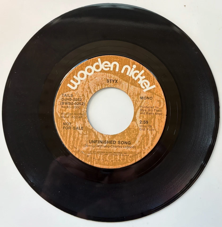 Styx 'Unfinished Song' Wooden Nickel Double A-sided Promo 45 For Non LP Track - Image 2 of 3