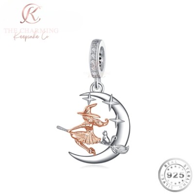 Hexe & Katze im Mond Charm Original 925 Sterlingsilber & Roségold