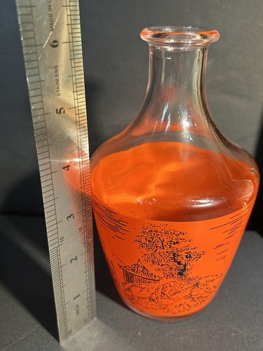 Vintage MCM Glass Sake Set for 6 FRANCE Asian Scenery Red Orange Without Stopper - Picture 7 of 10