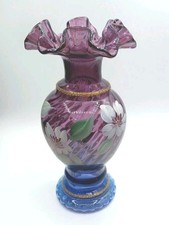 Fenton Vtg Mulberry Swirl Vase Ruffled Hand Painted Signed  Tagged 1996 50 Year