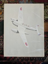 1938 Gouache pochoir  Hydravion DEWOITINE 730 en vol Henri De Courtis. Avion