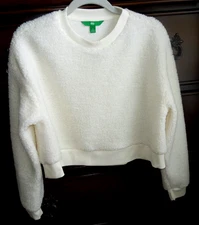 NEW SOFT COMFY WHITE DIP FUZZY LONG SLEEVE CROP PULLOVER TOP BLOUSE  SIZE SMALL