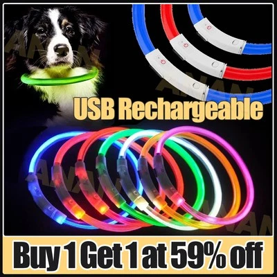 Light Up Dog Pet Collar Flashing USB Rechargeable Safety LED Size Adjustable UK - Image 1 of 4