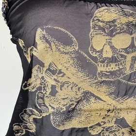 AGENT PROVOCATEUR Sheer SKULL & BONES Gold Pirate Print Tank Top PVC Charm AP M