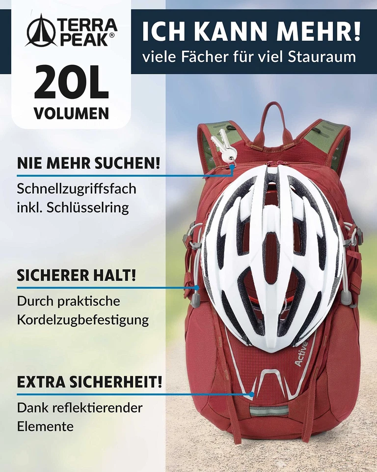 ® Premium Wanderrucksack 20L ACTIVE 20 Damen Herren  Erwachsene klein rot - T... - Bild 4 von 4