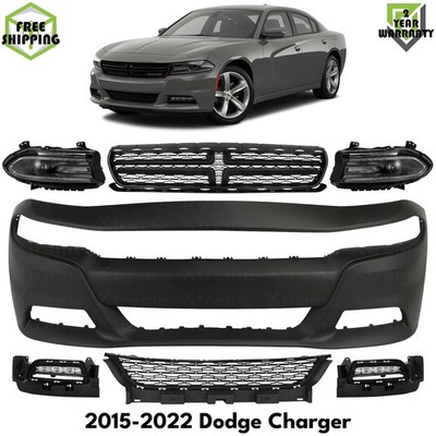 Front Bumper Cover Primed Plastic & Headlights Kit For 2015-2022 Dodge Charger