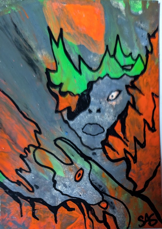 ACEO Art Card Original, Acrylic Hydro Dipping, Abstract, Outsider Art, Brut Art