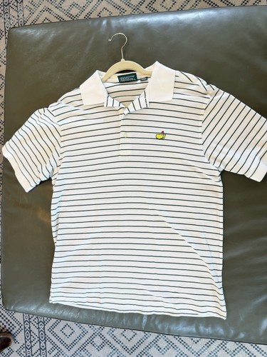 Masters Collection Men's M White/Green Striped Cotton Knit Polo Golf Logo