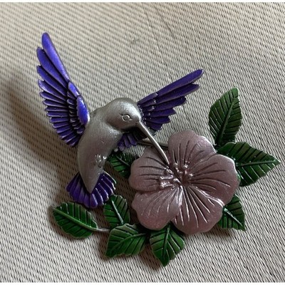 JJ Women OS Purple Hummingbird Hibiscus Flower Brooch Vintage Enamel Pewter Pin