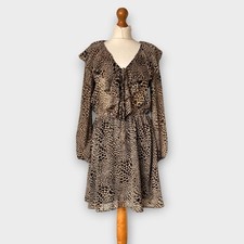 Topshop Animal Print Dress 10 Brown Ruffle V Neck Mini Fit Flare Leopard Party