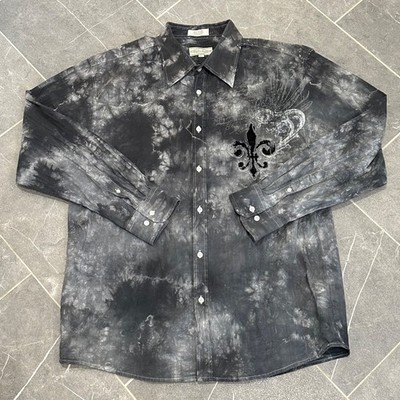 Eighty Eight Men's Shirt XL Black Tie Dye Angel Wings Fleur De Lis Button Up