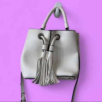Zara White Bucket Bag Purse With Tassels & Black Stitching