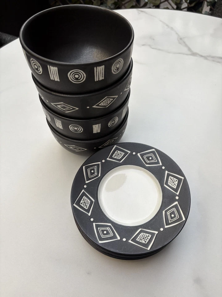 Juego de 8 cuencos y platos Pottery Barn Bongo Japón negro blanco geométrico Foto 2 de 4