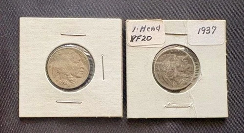 Lot of 2 Buffalo Nickels-1936D & 1937- Vintage US Indian Head 5-Cent Coins