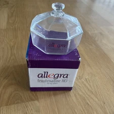 ALLEGRA Nasacort Pharma drug rep glass candy cotton dish with lid 4 1/2" VTG