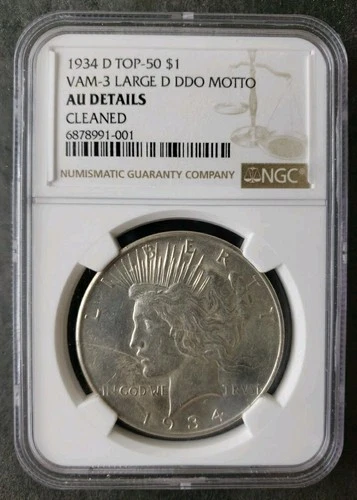 1934 D $1 Peace Silver Dollar VAM-3 Large D DDO Motto NGC AU Details Cleaned