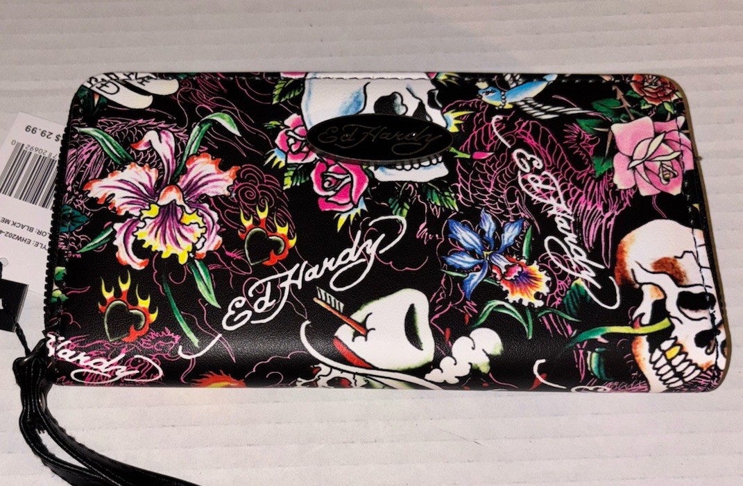 Ed Hardy Zip Around Wallet Wristlet Black Skull Roses Any 2 Names