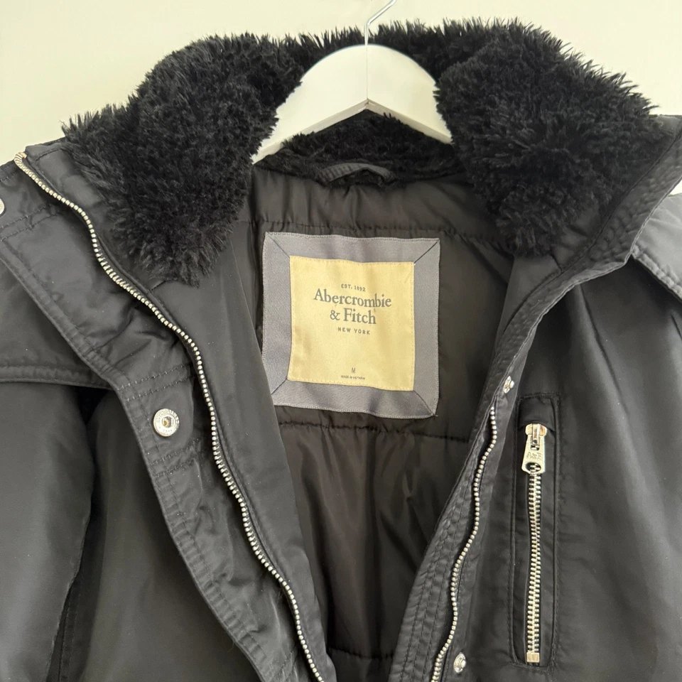 Abercrombie & Fitch черный парка пальто женщин Med теплый мех капюшон выстеганный интерьер - Изображение 3 из 4