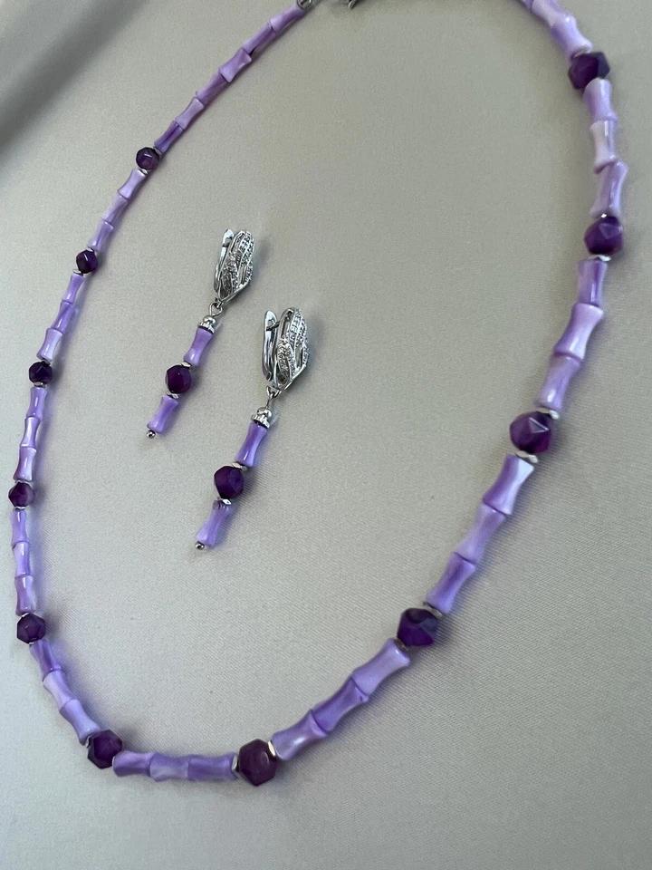 天然紫水晶和淡水贝壳项链套装带铑耳环紫色 — 第 3/4 张图片