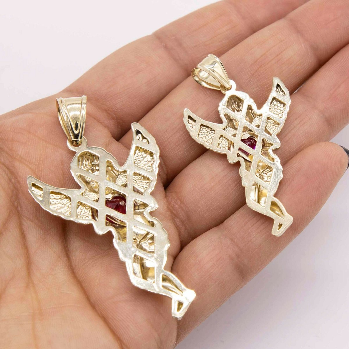 Diamond-Cut Praying Angel with Heart Ruby Pendant Real 10K Yellow