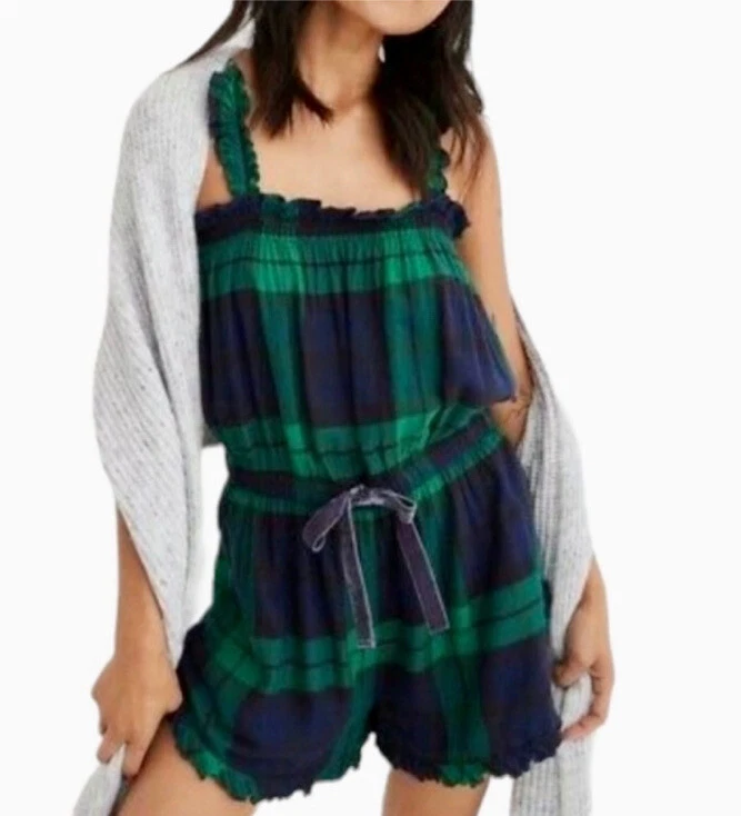 Aerie Plaid Flannel Ruffled Holiday Sleepwear Romper Pajamas Green/Blue Sz  XS