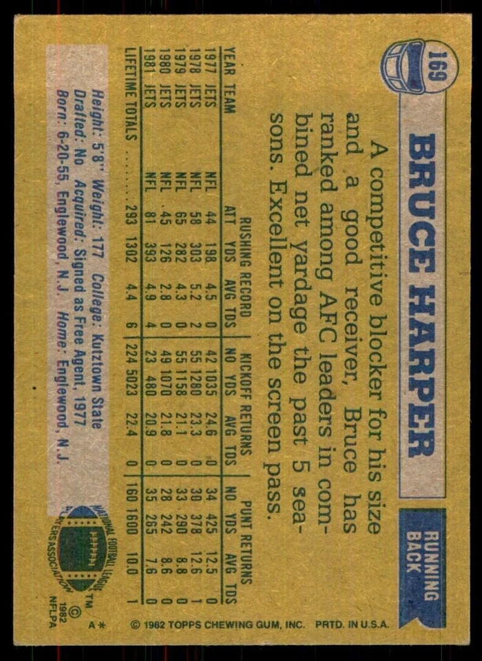 1982 Topps! Bruce Harper New York Jets #169 - Image 2 of 2