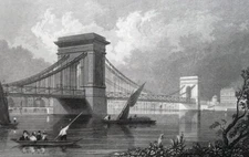 LONDON Hammersmith Bridge Thames River - c1835 Antique Print Ornamental Border
