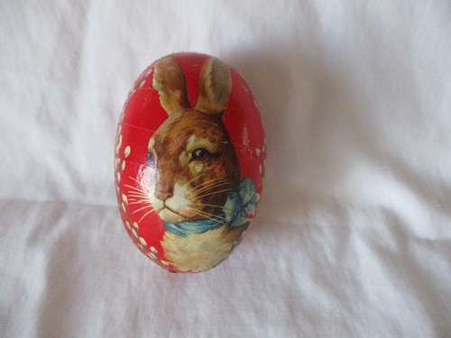 Vintage Antique Made in Germany Paper Mache Easter Red Egg Bunny Rabbit 3"
