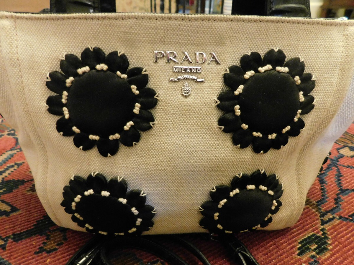 PRADA Natural Woven Fabric Black Patent Leather Trim Applique tote