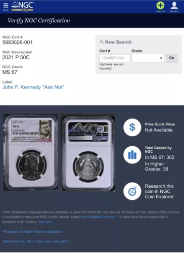 2021 P Kennedy Half Dollar 50c NGC MS 67 LOW POP 67:302