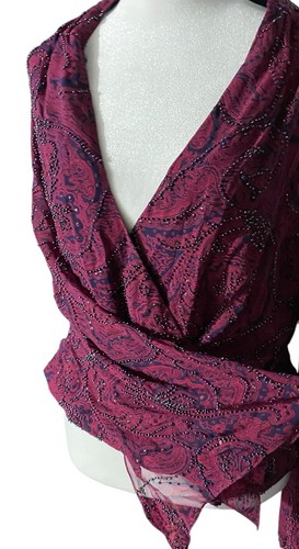 Carmen Marc Valvo Silk Beaded Blouse Women 10 Burgundy Bell Sleeve Plunge Top - Picture 18 of 19