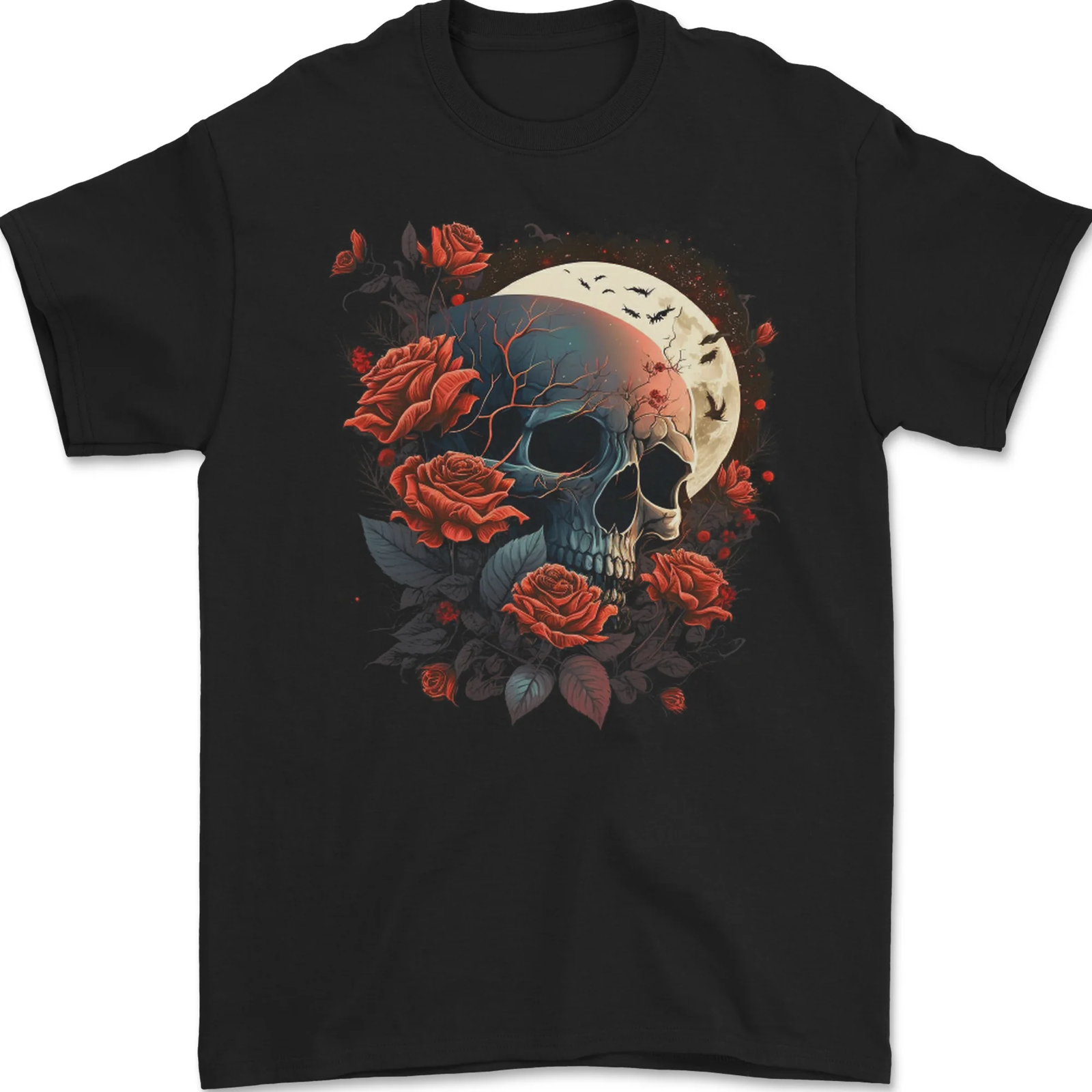 A Dark Fantasy Skull With Roses and Moon Mens T-Shirt 100% Cotton
